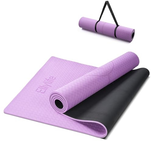 Ellylife Yogamatte Rutschfest 190x68CM, 8MM Dicker aus ECO Naturkautschuk & Hautfreundliches TPE, Ausrichtungslinien， Einzigartiges Design, Inklusive Tragegurt Lila