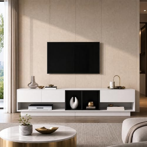 Merax High-Gloss TV Cabinet with Drawers, Lowboard,190 L x 40 B x 42H(cm) Color-Blocking Design in White and Black, Modern Storage Unit with Compartments for Living Room
