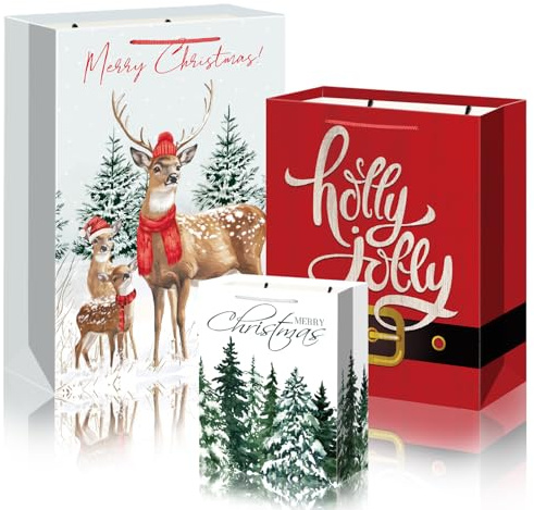 DECHISY 3 Stück Weihnachtstüten mit 3 Verschiedene Größen, Tüten Weihnachten mit Griff, Geschenktasche Weihnachten für Weihnachtsgeschenke, Partyzubehör, Geschenken