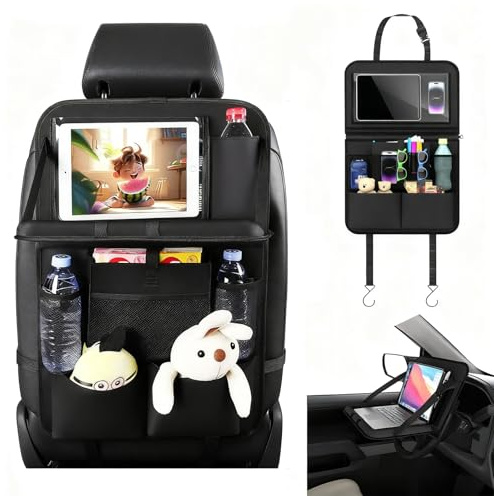 TechVizrs Organisateur de Siège Auto, Organiseur de Siège Arrière de Voiture, Protection de Dossier de Siège Auto pour Enfants avec Table Pliante et Pochette pour Tablette/téléphone Portable