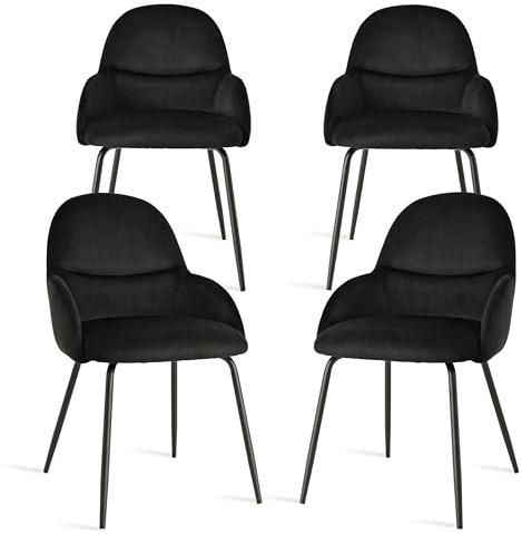 Goeurvant Esszimmerstühle 4er Set mit Armlehne – Ergonomische Polsterstühle, Moderne Küchenstühle mit Samtbezug & Metallbeinen, Gepolsterte Stühle für Wohnzimmer, Esszimmer, Küche, Schwarz