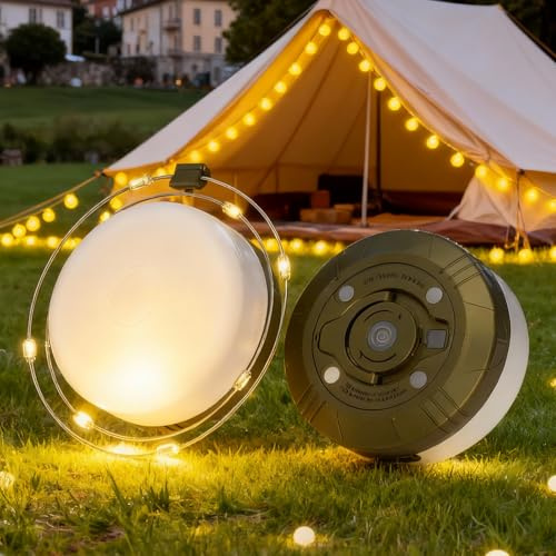 SOLAVN 20m Camping Fairy Lights, Rechargeable Outdoor String Lights with 7 Modes and Roll-Up Storage, USB-C Portable Camping Lantern for Tent, Awning, Garden and Power Cuts