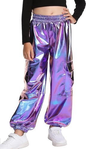 SEAUR Pantaloni Cargo Metallico Lucido Ragazza Pantaloni Da Danza Jazz Hip Hop Discoteca Party Street Dancewear Cintura Elastica 6-13 Anni, porpora, 12-13 Anni