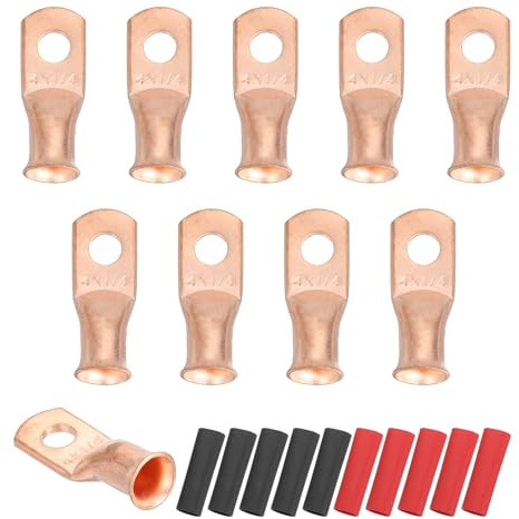 sourcing map 10pcs 4 AWG M6 Battery Lugs Ring Terminals, 1/4 6mm Stud Crimp Wire Terminal Connector End Copper, 2:1 Heat Shrink Tubing, Gold