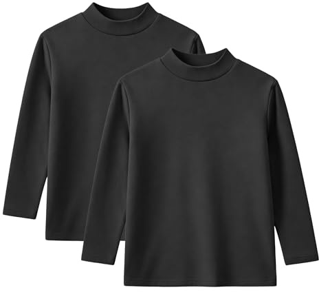 Rolanko Maglietta a Maniche Lunghe per Ragazze, Termiche Basiche Maglie in Pile Canottiera a Collo Alto per Bambini 2 Confezioni, Nero Nero, 140, 9-10 Anni