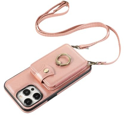 CIBOS Custodia a tracolla con porta carte e anello per iPhone 15, 14 Plus, 13, 12 Mini, 11 Pro, Xs Max, Xr, Xs X, 7, 8, SE2020, rosa, per iPhone 12 Mini