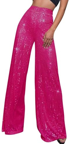 Generiskt paljetttäckta, glittrande palazzo-byxor med hög midja och brett ben för kvinnor, elastiska, lösa glitterfestleggings, Rosa A, XL