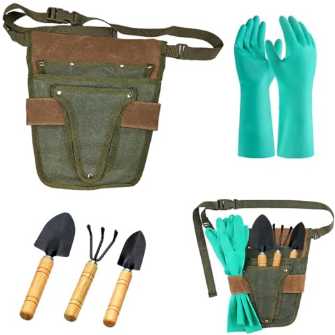 Cococheers Gardening Tool Belt with Tool Belt Pouch & Small Tool Bag | Heavy Duty Canvas Adjustable Waist Belt For Gardeners,Carpenters, Builders,Men & Women (Green Brown)