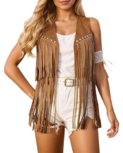 Disfraz Hippie Mujer Chaleco de Flecos para Mujer Hippie Weste Chaleco de Gamuza Sintética sin Mangas con Borlas Chaqueta Estilo Bohemio Occidental CáRdigan de Los Años 70 Chaqueta con Flecos