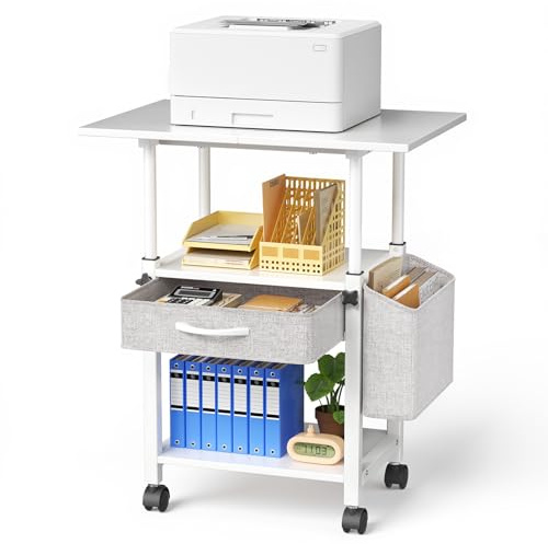 TLPEMN Porta stampante, Supporto Stampante a 3 Livelli con Altezza Regolabile, Cassetto e Borsa Laterale, Ruote Bloccabili, Mobiletto per Stampante con Robusta Struttura in Acciaio per Ufficio Casa