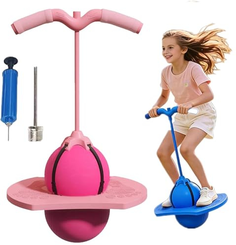 Pogo Sprungball für Kinder und Erwachsene, Hüpfball Mit Griff, Balance Hüpfball mit Griff und Luftpumpe, Sprungball Kinder Outdoor Hüpfspielzeug,Pogo Ball zum Trainieren des Gleichgewichts (Pink)