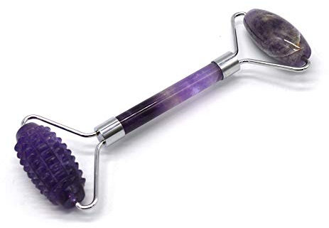 RODEREK Rodillo de jade facial de amatista, rodillo de jade facial antienvejecimiento soldado, masajeador adelgazante de doble cuello, rodillo de jade real para hinchazón de ojos