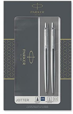 Parker Jotter Duo Set con Penna a Sfera e Matita Portamine in Acciaio Inossidabile con Finiture Cromata, Confezione Regalo