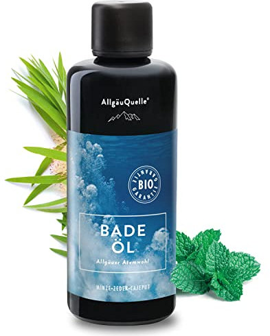 AllgäuQuelle® BIO-Badeöl mit Bio-Öle Allgäuer Atemwohl Jojoba Minze Zeder Cajeput (100ml). Natürlicher BIO-Badezusatz m. ätherische Öle. BIO Bade-Essenz naturrein und biologisch.