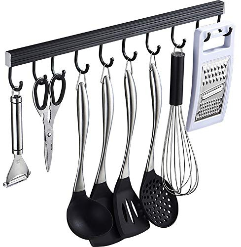 Z·Bling Hakenleiste Küchenhelfer Hängeleiste 8 Haken ohne Bohren, Selbstklebender Kleber, Aluminium, Schwarz Finish,40cm