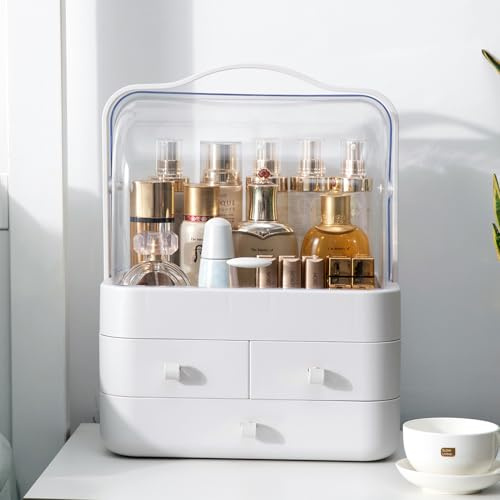 LZDMY Makeup Organiser Storage Drawers, Cosmetic Organisers Acrylic, Skincare Organiser Beauty Caddy Storage Box for Dresser & Bathroom, Dust-Proof Waterproof, White