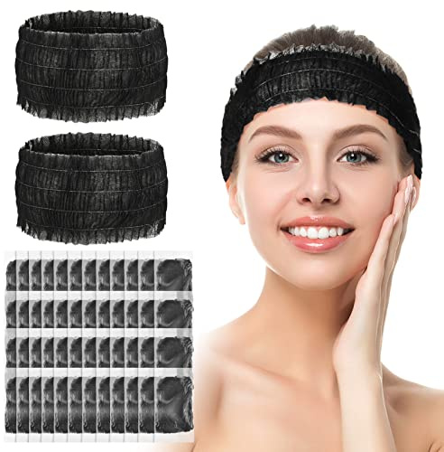 Waydress 100 Pieces Disposable Headbands Soft Non Woven Facial Spa Headbands Cloth Stretch Skin Care Hair Band Salon Makeup Sauna Supplies Individually Packaged for Women Girls, Black