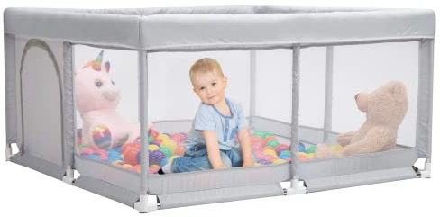 BEJOY Parque para Bebés, 125cm Compacto y Fuerte, Protección de Espuma, Patio de Juegos de Seguridad Antideslizante con Malla Transpirable Transparente, Puerta Redonda con Cremallera