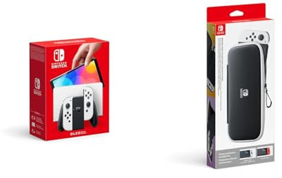 Nintendo Switch-Tasche & -Schutzfolie - Schwarz/Weiß + Konsole (OLED-Modell) Weiß
