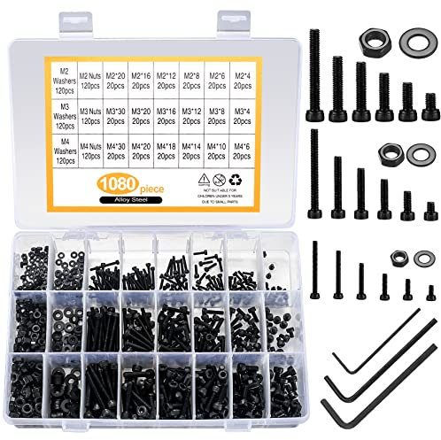 1080 Stk M2/M3/M4 Innensechskant Schrauben Muttern Unterlegscheiben Sortiment Set, schwarze Sechskopf Sechskantschrauben, Maschinenschrauben und Muttern Unterlegscheiben (Schwarz 1080)