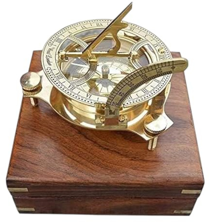 Dolchi Brújula de latón vintage de 4.5 pulgadas con reloj solar, herramienta de navegación magnética direccional con caja de madera