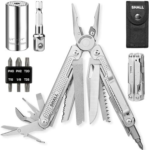 SHALL Multi Tool, 18-in-1 Multitool Pliers, Screwdriver Bit & Universal Socket, Self-Locking Multipurpose Tool w/Sheath for Camping Fishing Survival Hunting