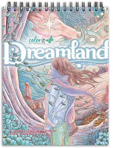 ColorIt Dreamland, Band II Malbuch für Erwachsene, 50 Original-Illustrationen von Fantasy Air Dreams, hochwertiges dickes Papier, Spiralbindung, perforierte Seiten, flacher Bucheinband, Tintenlöscher