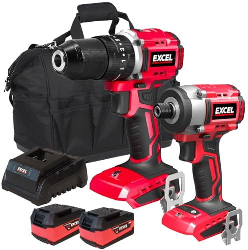 Excel 18V Brushless Twin Pack Combi Drill & Impact Driver with 2 x 5.0Ah Battery & Charger - Power Tool -Twin Kit -18V Cordless Power Tool Kits-Cordless Kit -Combo Kit-Mega Power Tool-Excel Kit