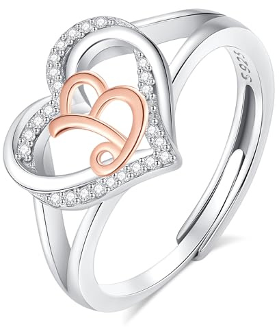 INFUSEU Anillo Iniciales, Plata de Ley 925 Anillos Abiertos Letras B Forma Corazón Nombre Inicial Alfabeto A-Z Joyería Personalizada Ajustable Regalos para Mujeres Damas Niñas