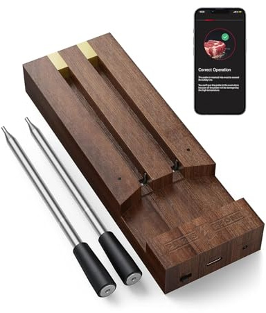 Funkthermometer, Laufzeit 36 Stunden, Ladebox aus Bambus, magnetisch, Temperatursonde, intelligentes Kochen, kabellos, verbunden, Grill, Rotisserie, Airfryer, Reichweite 150 m (2 Sonden)