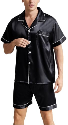Heersan Ensembles de Pyjama Homme en Satin de Soie avec Chemise à Manches Courtes et Short Classique boutonné, Confortable Doux Deux Pièces Vêtements de Nuit