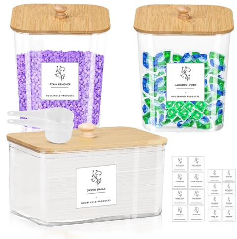 Domigard Laundry Pods Storage Container – 3 Pack Clear Plastic Jars | For Dishwasher Tablets Powder Capsule Storage | Includes 2 Scoops & 16 Labels | For Home Bathroom Kitchen Organisation