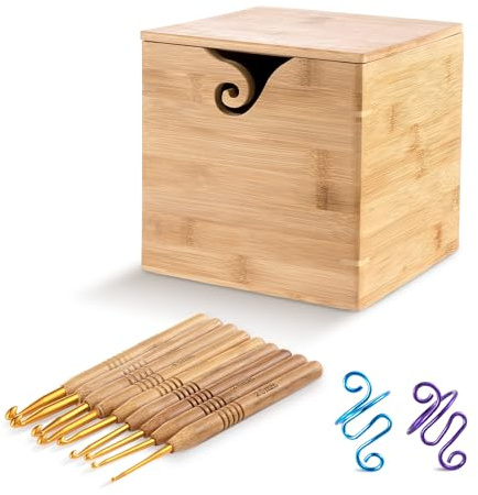 HOMEE Wooden Yarn Bowl with 9Pcs Metal Crochet Hooks and 2Pcs Crochet Rings,Yarn Storage Bowl with Lid,Large Size Handmade Knitting Yarn Holder,Square Yarn Holder Dispenser for Crocheting and Knitting