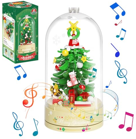 MEIEST Weihnachtsbaum Bausteine Spieluhr Set mit staubdichte Kuppel,Weihnachtsferien BAU Spielzeug Geschenk,Home Decor (Sternenlicht Weihnachtsbaum)