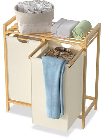 NAIZY Wäschekorb 2 Fächer 72L/2x36L Oxford-Gewebe, Wäschesammler mit Bambus Oberem Rega & Handgriff Wäscheschrank ausziehbar Führungen Abnehmbar Wäsche Sortiersystem, Beige
