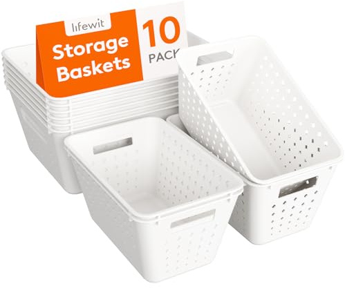 Lifewit Cestas Almacenaje Plastico, 10 Paquetes Apilable Cajas Organizadoras, Caja de Múltiples Dimensiones para Estanterias, Cocina, Armarios, Baño, Oficina, 6 Grandes y 4 Tamaños Pequeños, Blanco