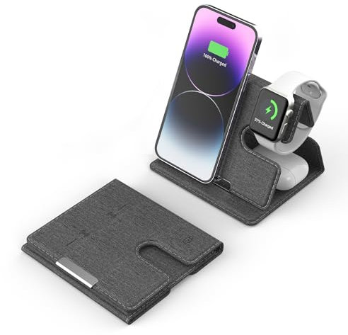 3-in-1 M5 PU Leather Vertical Wireless Charger Fast Charging Station for iPhone, Smart Watch, Bluetooth Earbuds (MagSafe) and Android Devices, Qi-Certified, Black/Brown