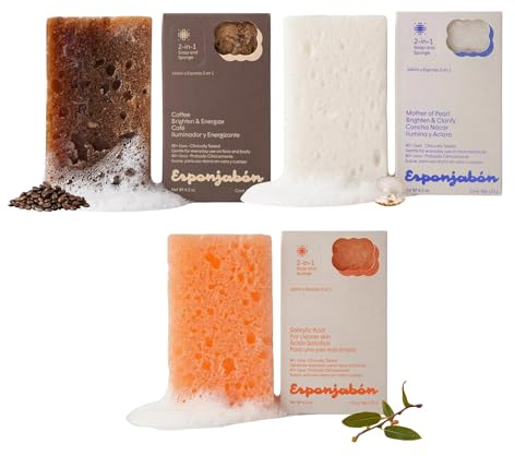 T.Taio Esponjabon pärlemor, kaffe och porrengörande tvålsvampar duschskrubbare som tar bort olja och smuts – svampar för att skrubba fot, armbåge och ansikte badrumstillbehör fräsch doft (3-pack)