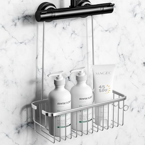 Fervalyna Estantería Ducha, Cesta Ducha Colgar, Estanteria Ducha Colgar No Requiere Taladrar, Organizador de Ducha Colgante, Estante de Ducha para Colgar, Cesta de Ducha Colgante para Baño(Plata)