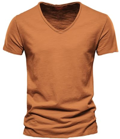 Uziert - Camiseta de manga corta para hombre, de algodón, de verano, informal, lisa, de algodón, cuello en V, manga corta, para hombre, naranja, 4XL