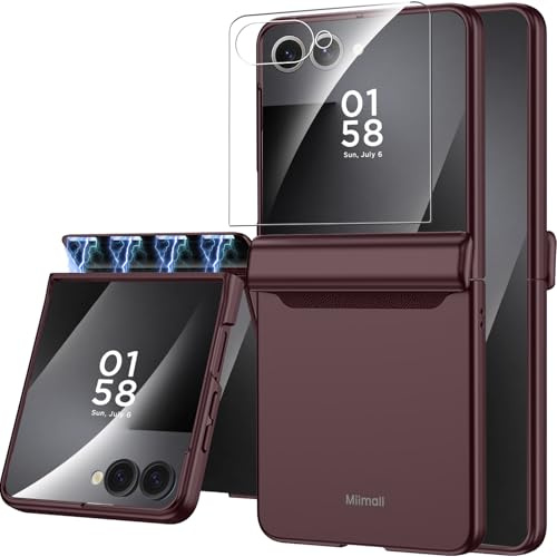 Miimall for Samsung Galaxy Z Flip 7 Case with Screen Protector & Magnetic Hinge Protection, Hard PC Slim Thin Shockproof Anti-Scratch Full Body Protective Cover Phone Case for Samsung Flip 7-Wine Red