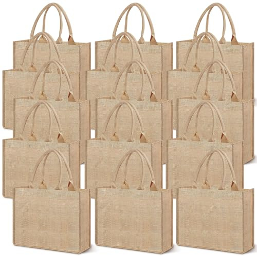 Xaztr 15 Pack Burlap Tote Bag, Reusable Large Jute Bags with Handles, Kitchen Grocery Burlap Gift Bags Bulk for Women Wedding Shopping DIY Art Crafts, 16 x 12 x 7.8 inch
