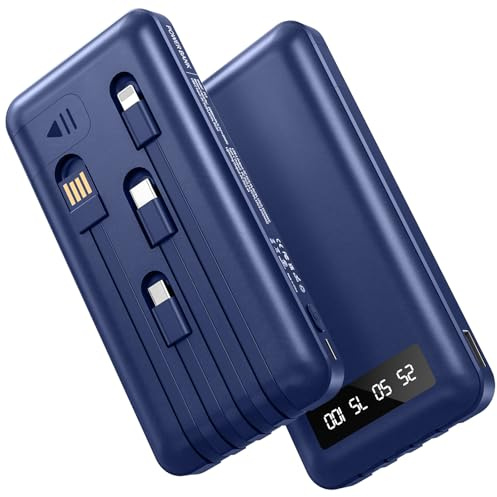 Powerbank 26800mAh mit 4 integrierten Kabel, 22.5W Power Bank USB C Schnellladefunktion mit LED Display & Halterung, Externe Handyakkus für iPhone 17/16/15/14/13/12/11 iPad Samsung Galaxy, Blau