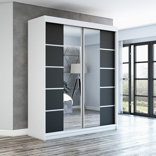 A&J MöbelLand Schwebetürenschrank ERA Kleiderschrank 2-türig mit Spiegel, Garderobe 160 cm (Weiß/Schwarz/Schwarz)