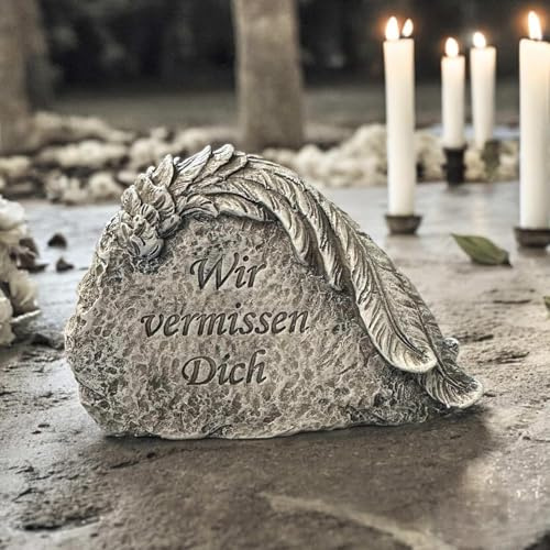eberin365 GRABWELT – Friedhof Grabschmuck 13,5x4x9 cm Grabstein mit aufliegender Feder und Trauerspruch Wir vermissen Dich in realistischer Steinoptik – Antik-grau