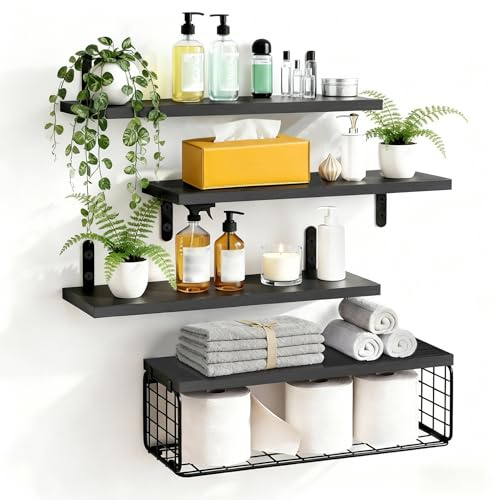 Wandregal Holz, 4 + 1 Stück Schweberegal Holzregal mit Drahtkorb, Schwarz | 40 cm Regale für Wände, Stabiles Regalbrett Holz für Schlafzimmer, Wohnzimmer, Badezimmer, Küche