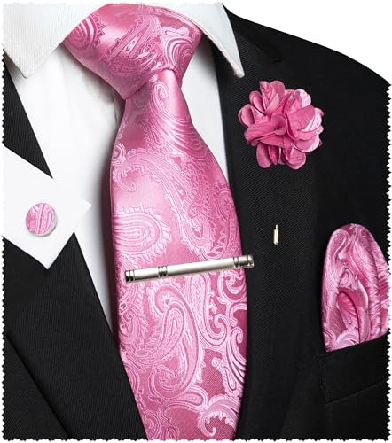JEMYGINS Paisley Stickerei Design Krawatte Set Herren Einstecktuch Krawattenklammer Manschettenknöpfe Ansteckblume für Hochzeit Party Business Mehrfarbig
