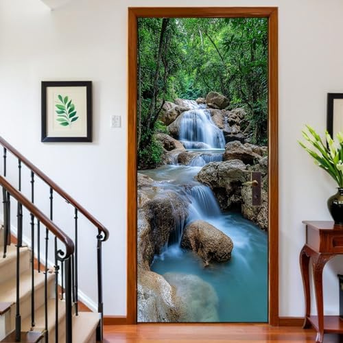 Türfolie 90 x 200 cm Waldwasserfalllandschaft Türtapete Türposter Grün Türaufkleber für Wohnzimmer Kinderzimmer Küche Bad