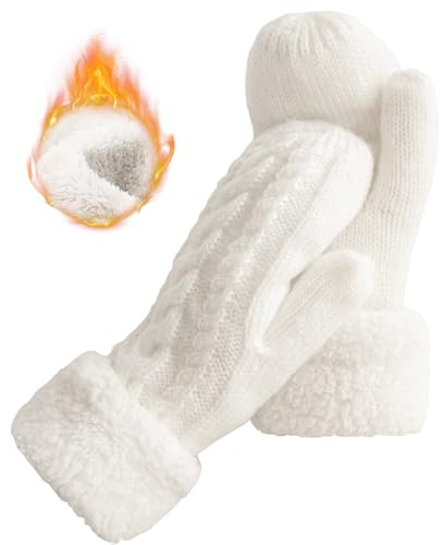 Whiteleopard Women's Winter Gloves Warm Lining - Cozy Wool Knit Thick Gloves Mittens in 11 color (White)