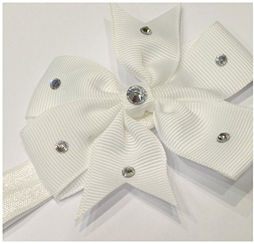 FASCIA NEONATO PER CAPELLI CON FIOCCO BIANCO E CRISTALLI STRASS x Baby Bambina Battesimo Matrimonio Cerimonia Brillabenny